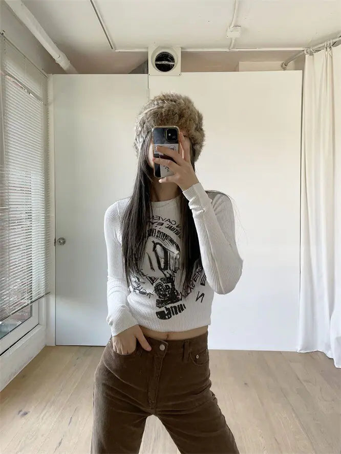 Y2K Korean Fashion Graphical Long Sleeve Cropped T-Shirts